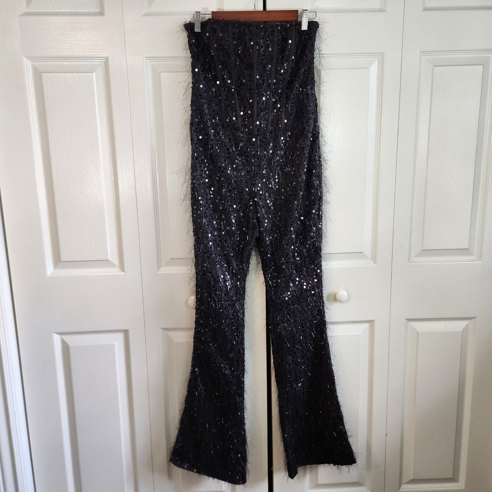 PrettyLittleThing Black Sequin Eyelash Fringe Corset Flare Jumpsuit USβ 6 UK 10